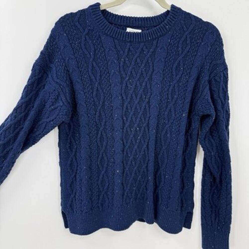 J Crew Women Fisherman Sweater Medium Blue Flecked Cable knit Crew Pullover - Picture 3 of 8